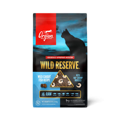 ORIJEN Wild Reserve dry cat food shows raw first six fish ingredients for protein