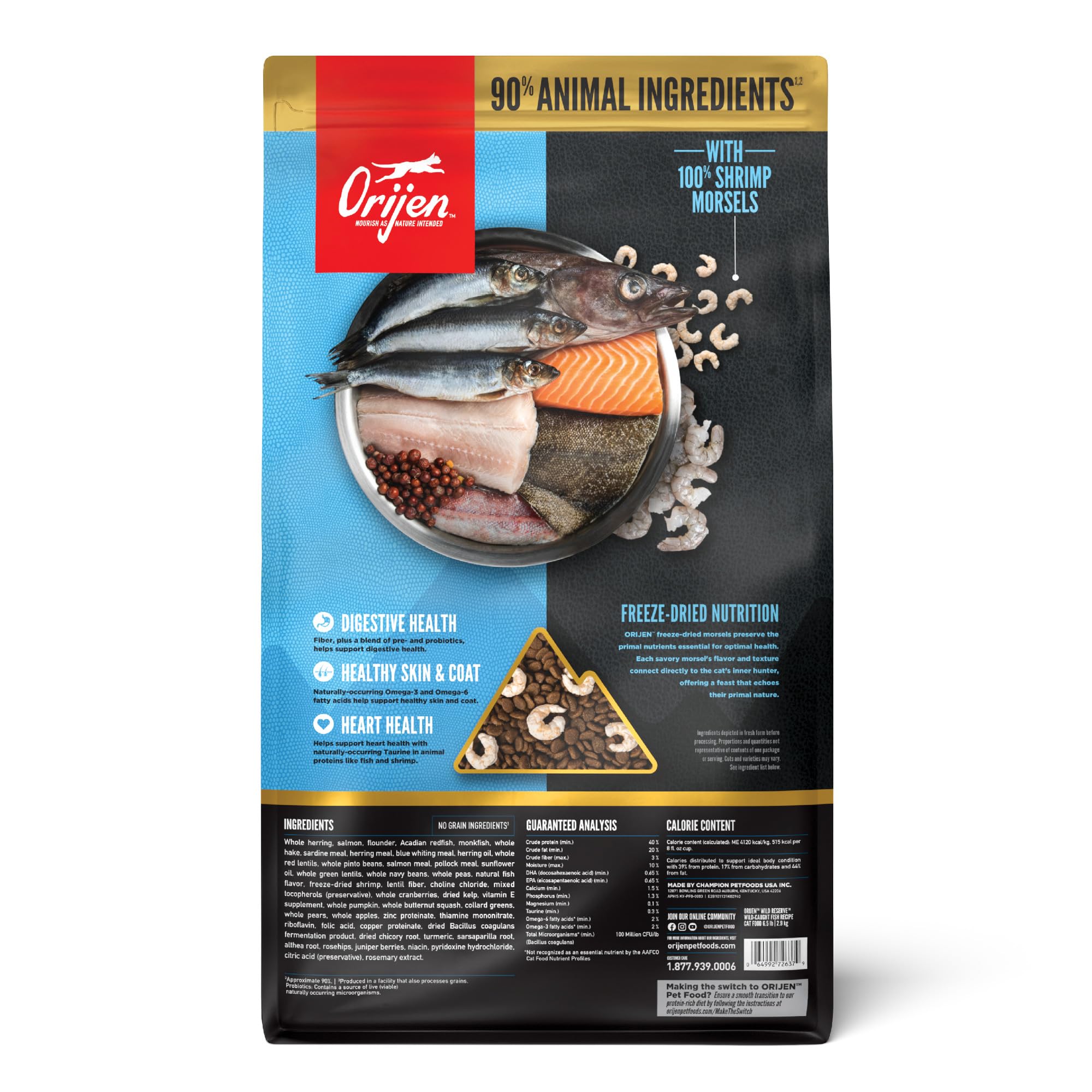 ORIJEN Wild Reserve dry cat food displays whole-prey fish organs and bone