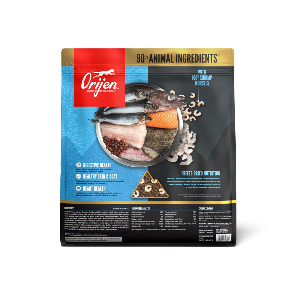 ORIJEN Wild Reserve Dry Cat Food highlights WholePrey ingredients for protein-rich nourishment.