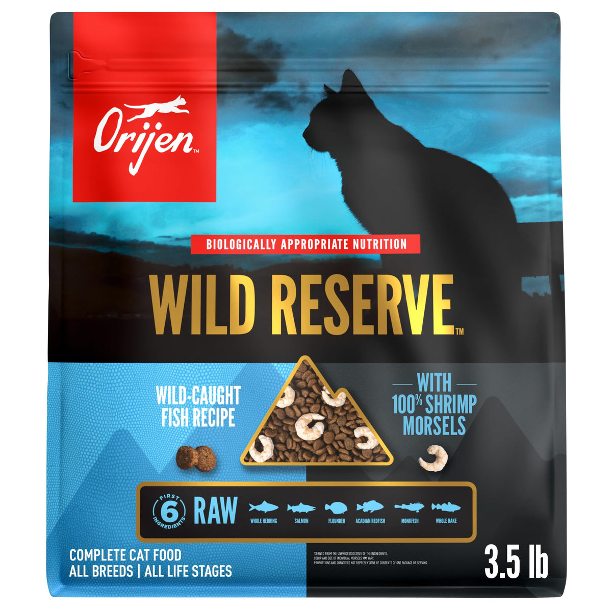 ORIJEN Wild Reserve Dry Cat Food with visible WholePrey ingredients for balanced nutrition.