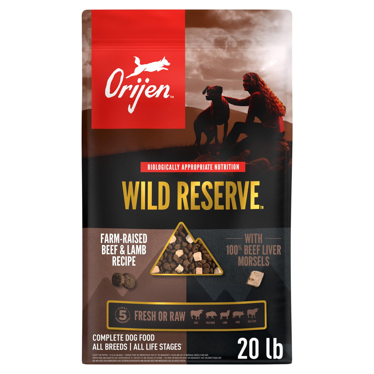 ORIJEN Wild Reserve 20lb bag features premium high-protein beef and lamb diet.