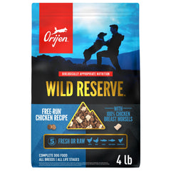 ORIJEN Wild Reserve dry dog food with free-run chicken recipe boosts flavor with real ingredients