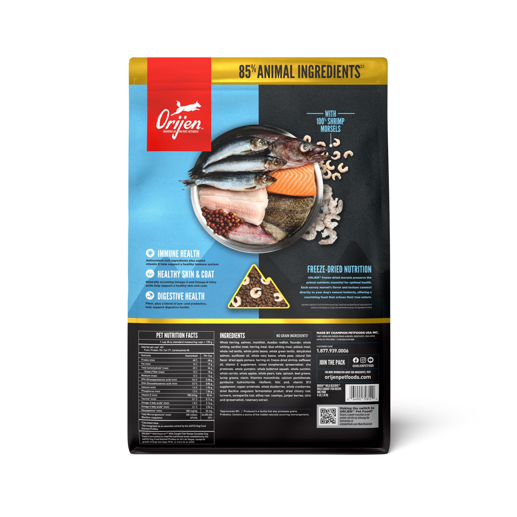 ORIJEN Wild Reserve feature: raw fish first six ingredients for protein-rich nutrition for active dogs.