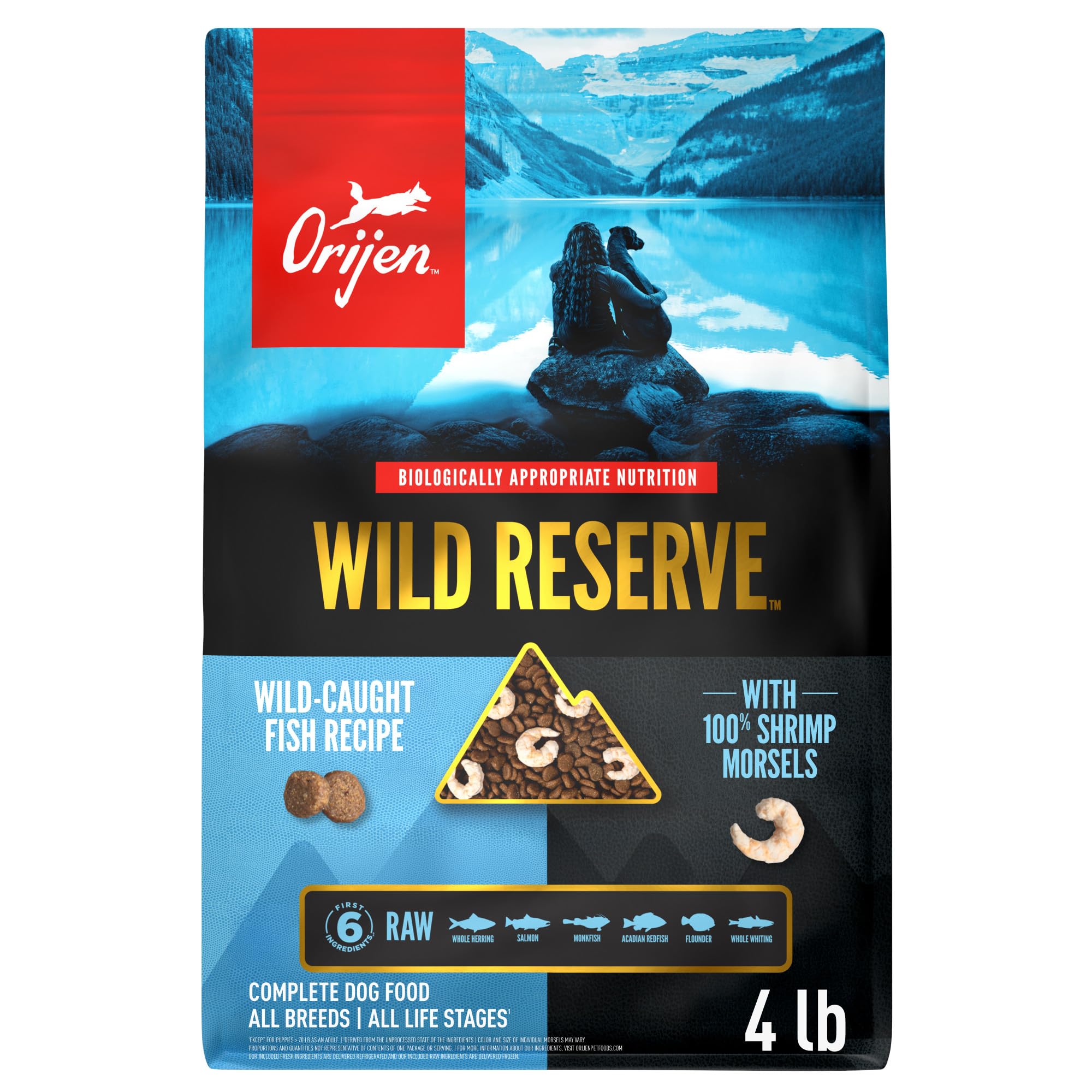 ORIJEN Wild Reserve dry dog food bag showing complete meals with wild-caught fish.