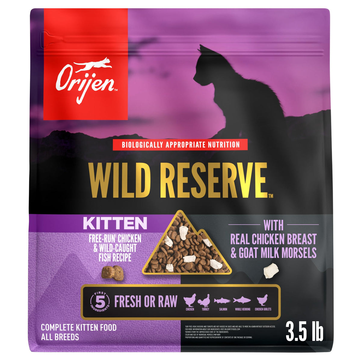 ORIJEN Wild Reserve kitten kibble with chicken and fish for protein.