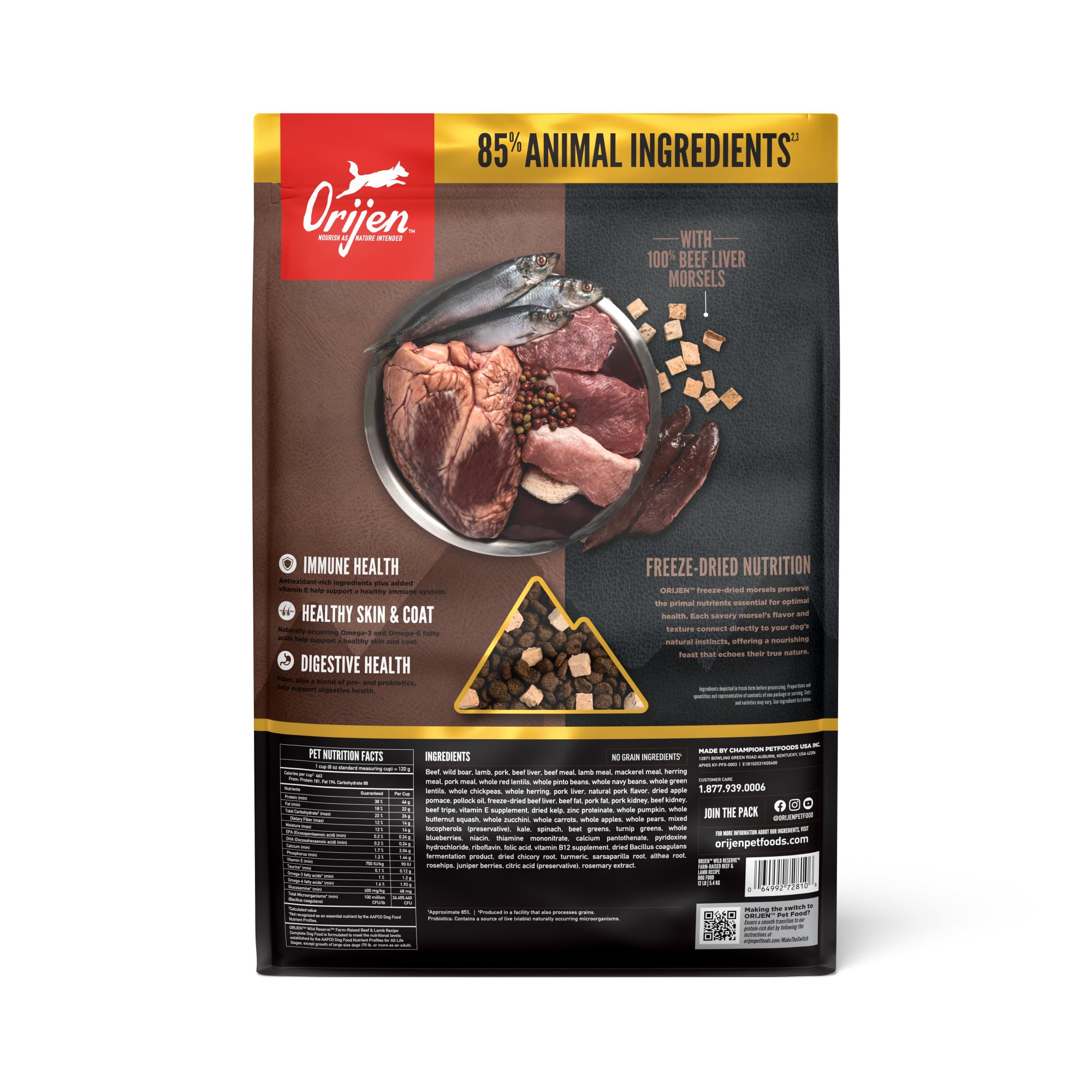 ORIJEN Wild Reserve kibble close-up highlighting meat-first ingredients for dogs