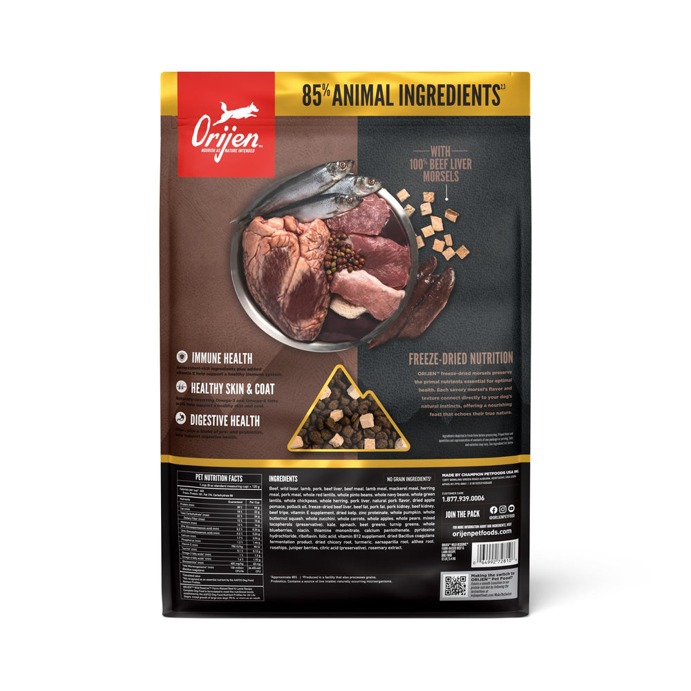 ORIJEN Wild Reserve kibble close-up highlighting meat-first ingredients for dogs
