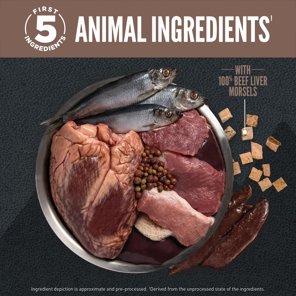 ORIJEN Wild Reserve WholePrey ingredients display organs and bones for balance.