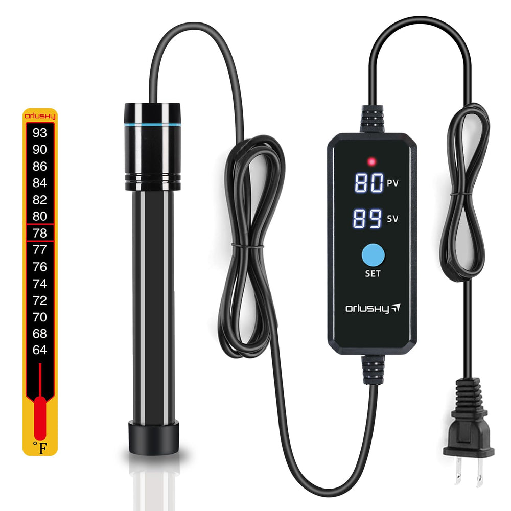 Orlushy 100W submersible heater with LED display provides precise temperature control in 10-20 gallon tanks.