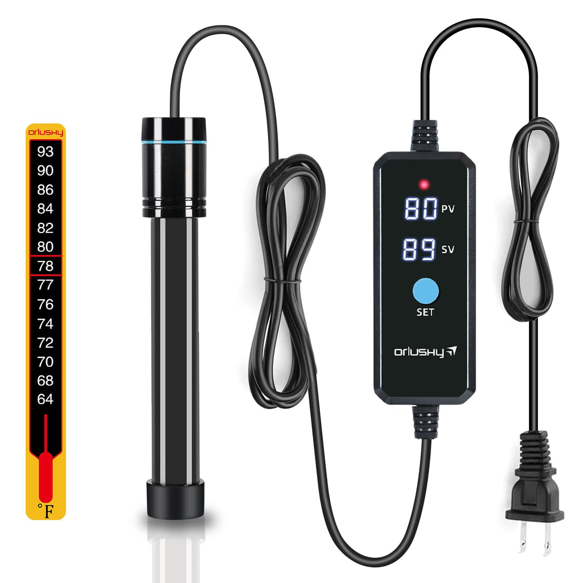 Orlushy 100W submersible heater with LED display provides precise temperature control in 10-20 gallon tanks.