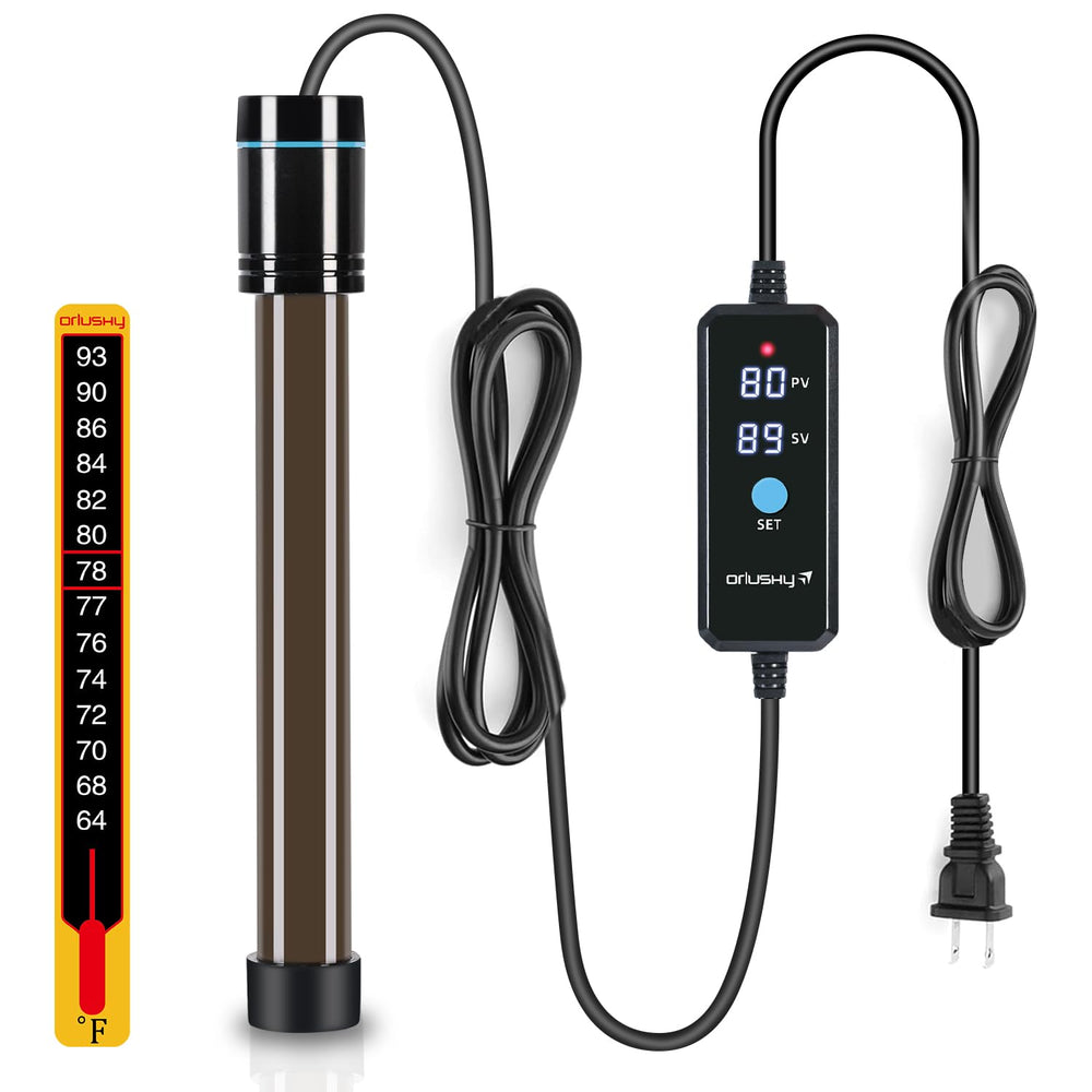 Orlushy 200W submersible heater front view showing compact size for 20-40 gallon tanks and steady warmth