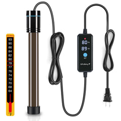 Orlushy 500W heater front view shows compact, space-saving design for large tanks.
