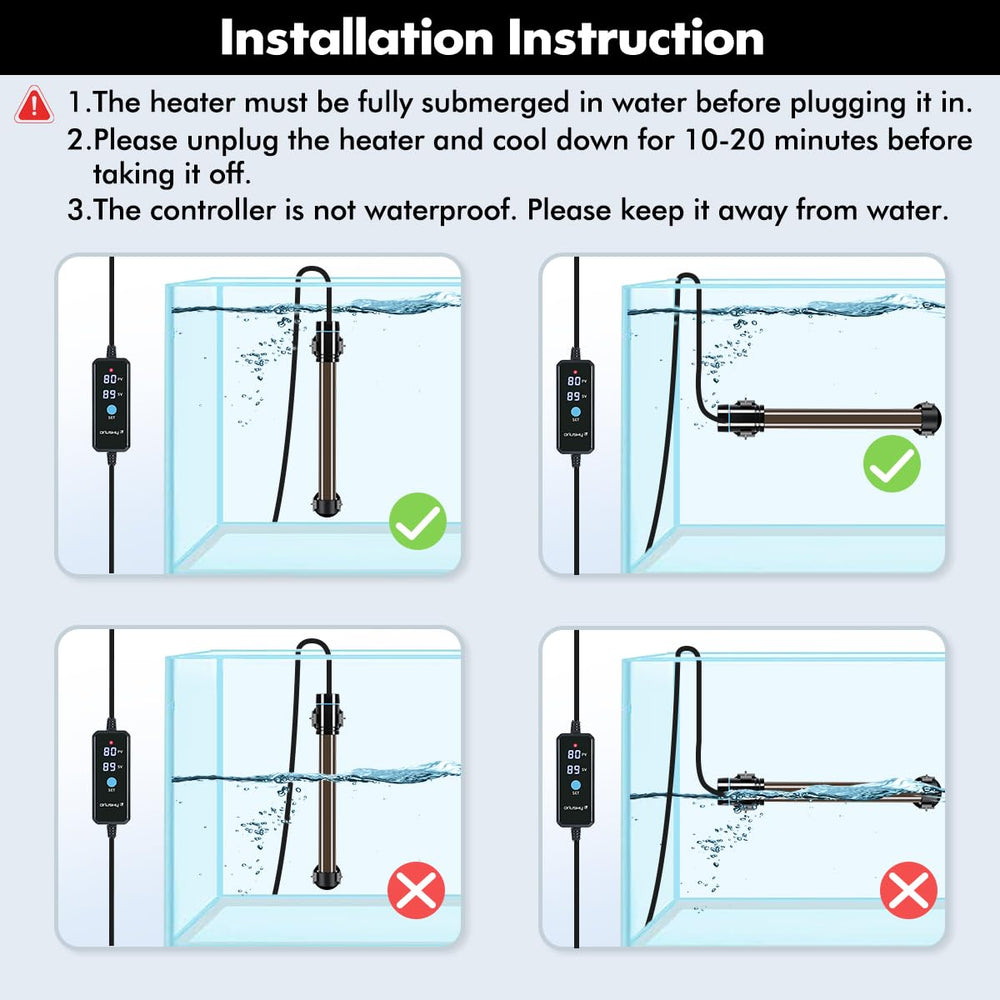 Orlushy 500W heater installation inside the tank demonstrates easy placement.