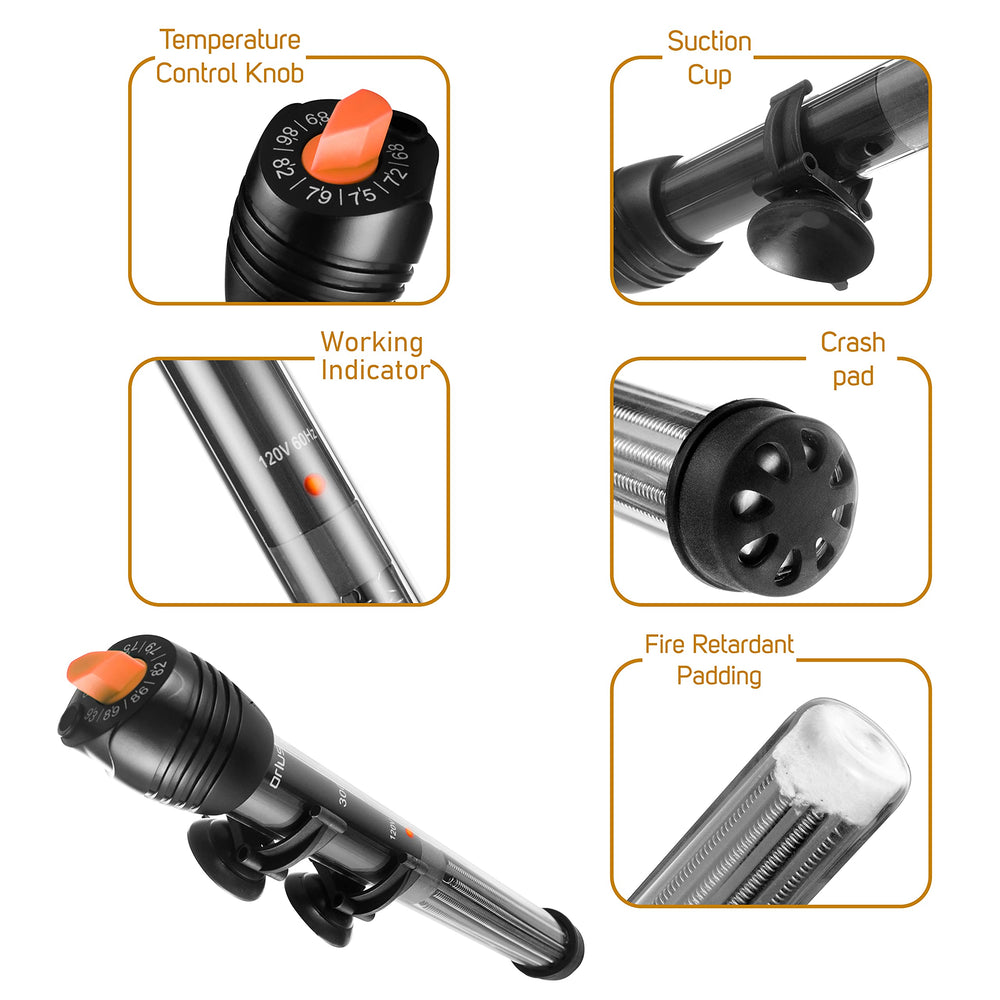 Orlushy heater with durable ABS shell resists deformation in tanks.
