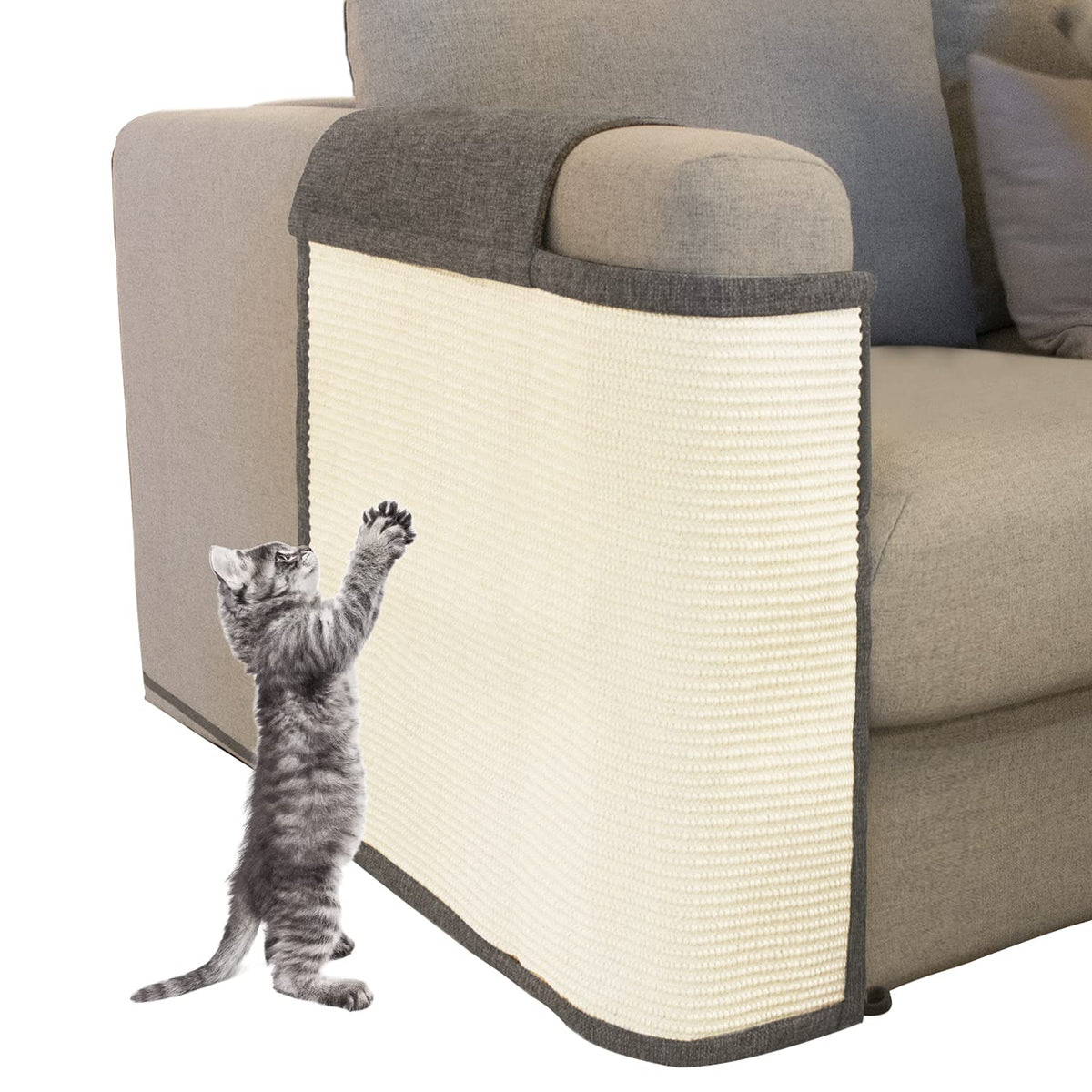 Oroonoko cat scratch sofa protector on dark grey couch, guards furniture from claws.