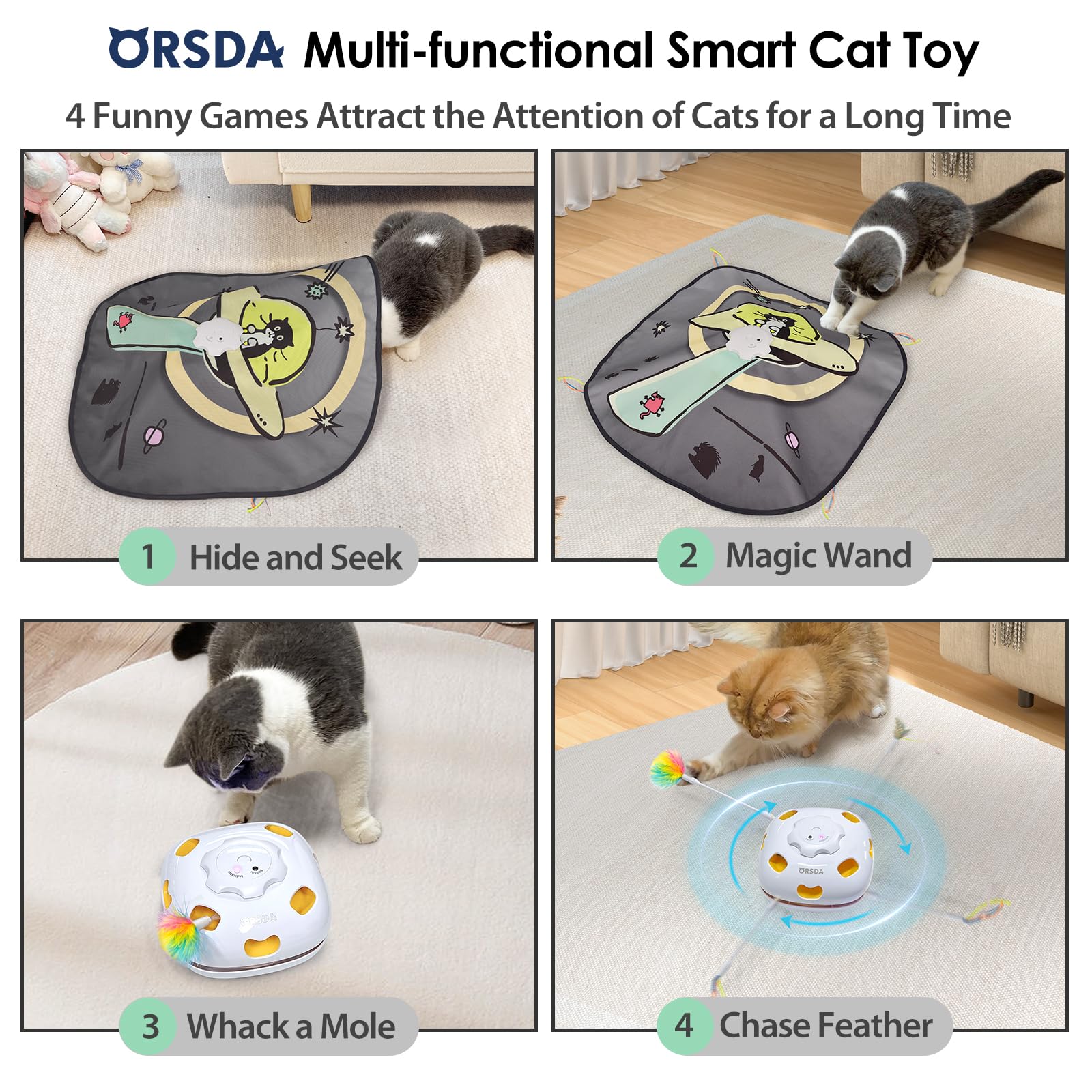 ORSDA eight-hole whack-a-mole action stimulates playful hunting.