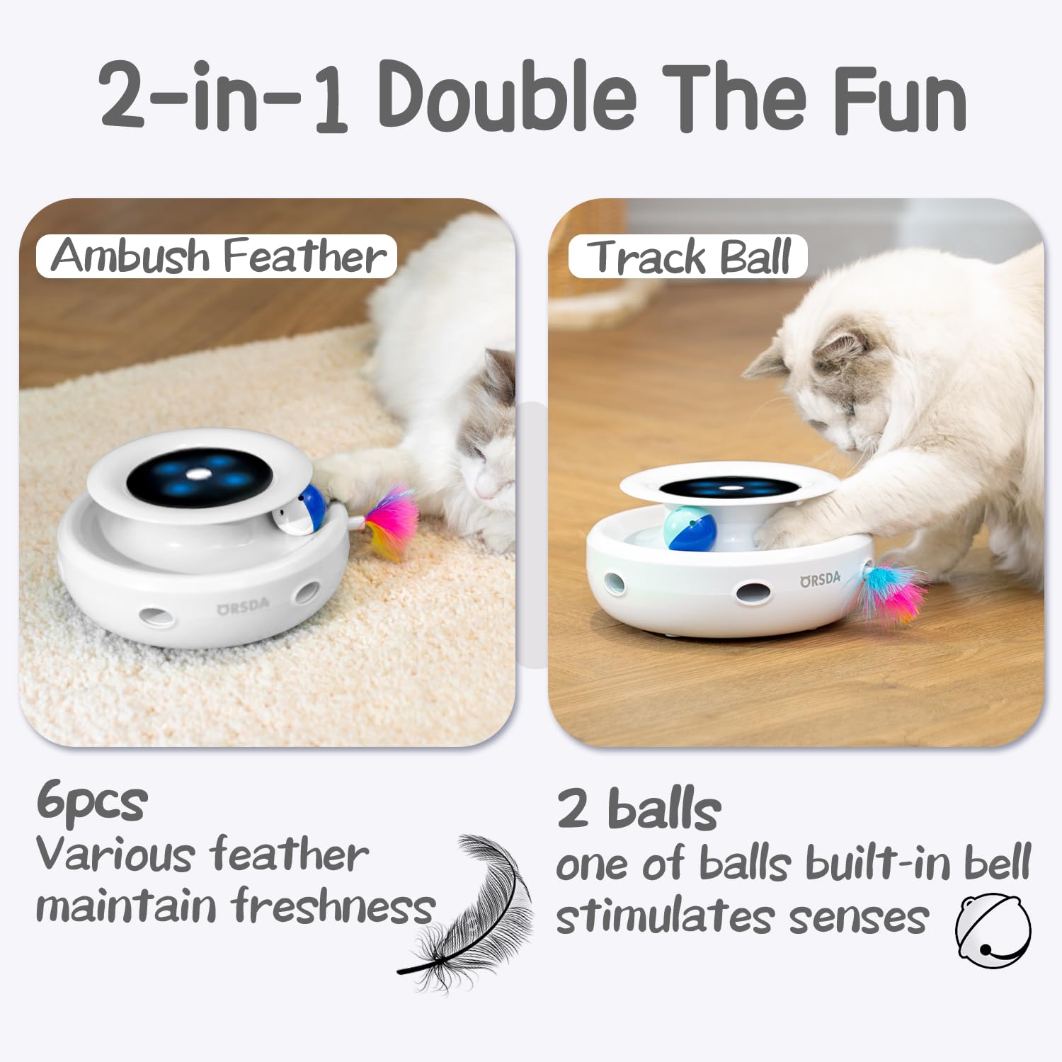 ORSDA ambush mice toy with feather tail prompts batting and pouncing.