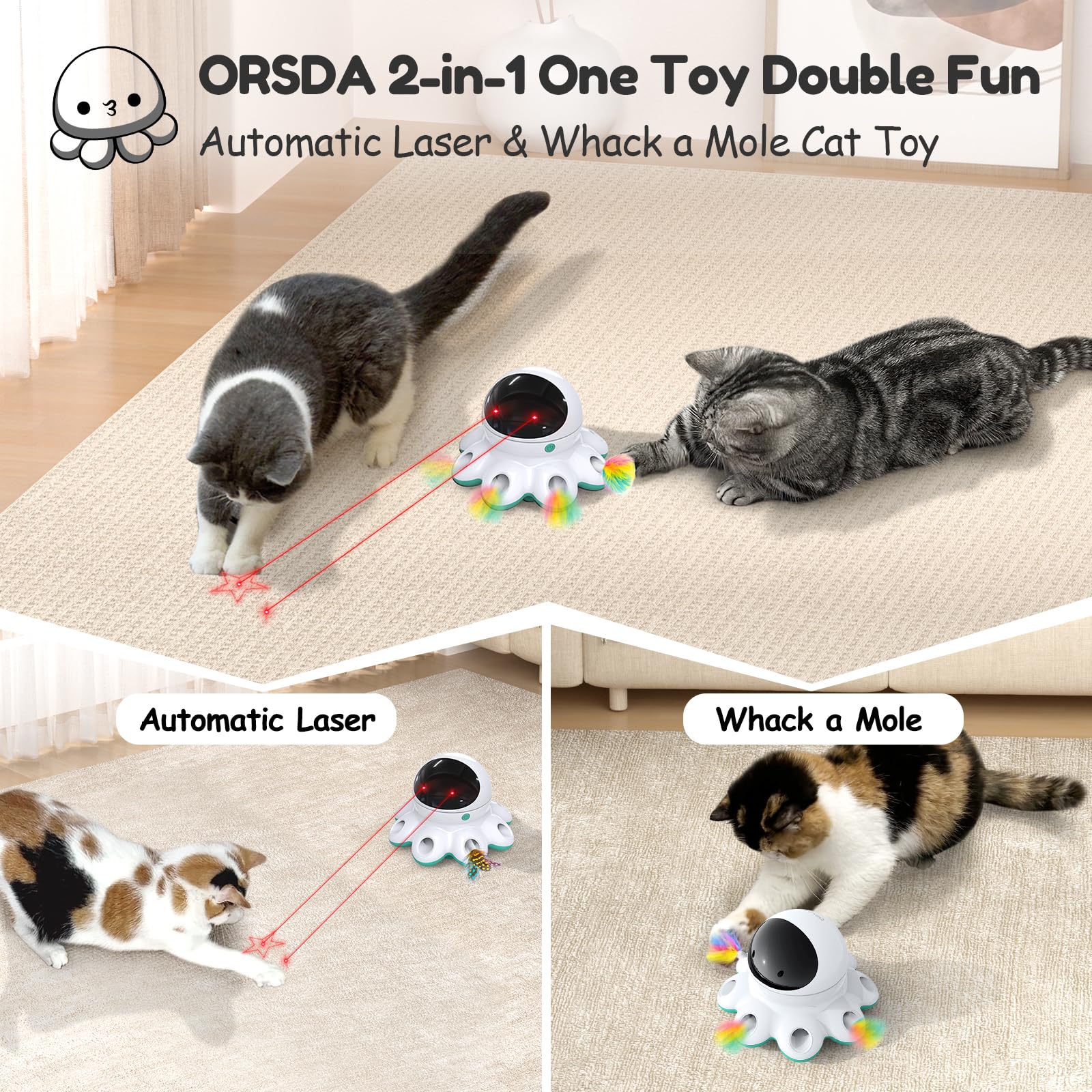 ORSDA cat laser toy demonstrates 360-degree trajectory to fuel indoor chasing.