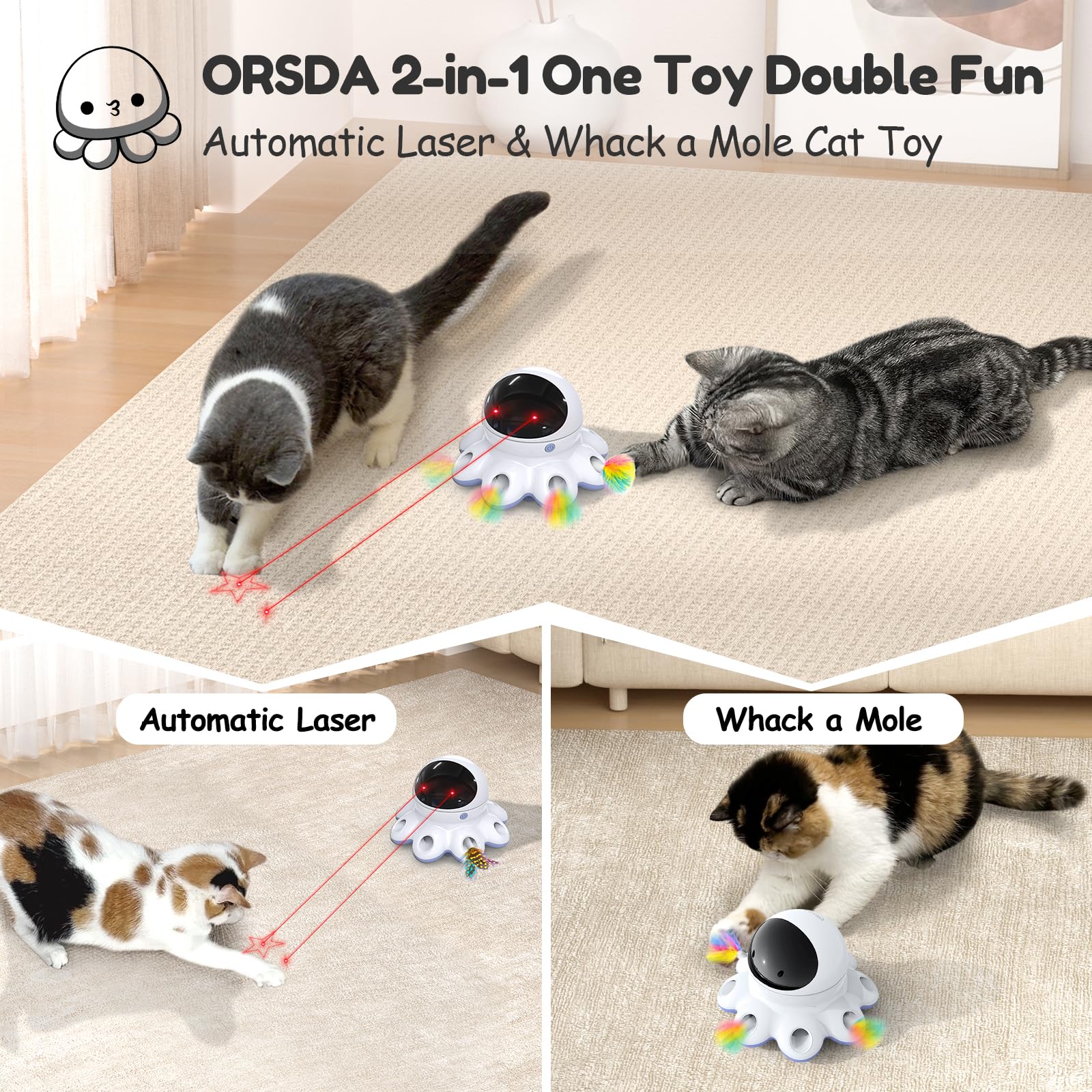 ORSDA Cat Laser Toy demonstrates 360-degree randomized laser trajectory for enhanced chasing activity.