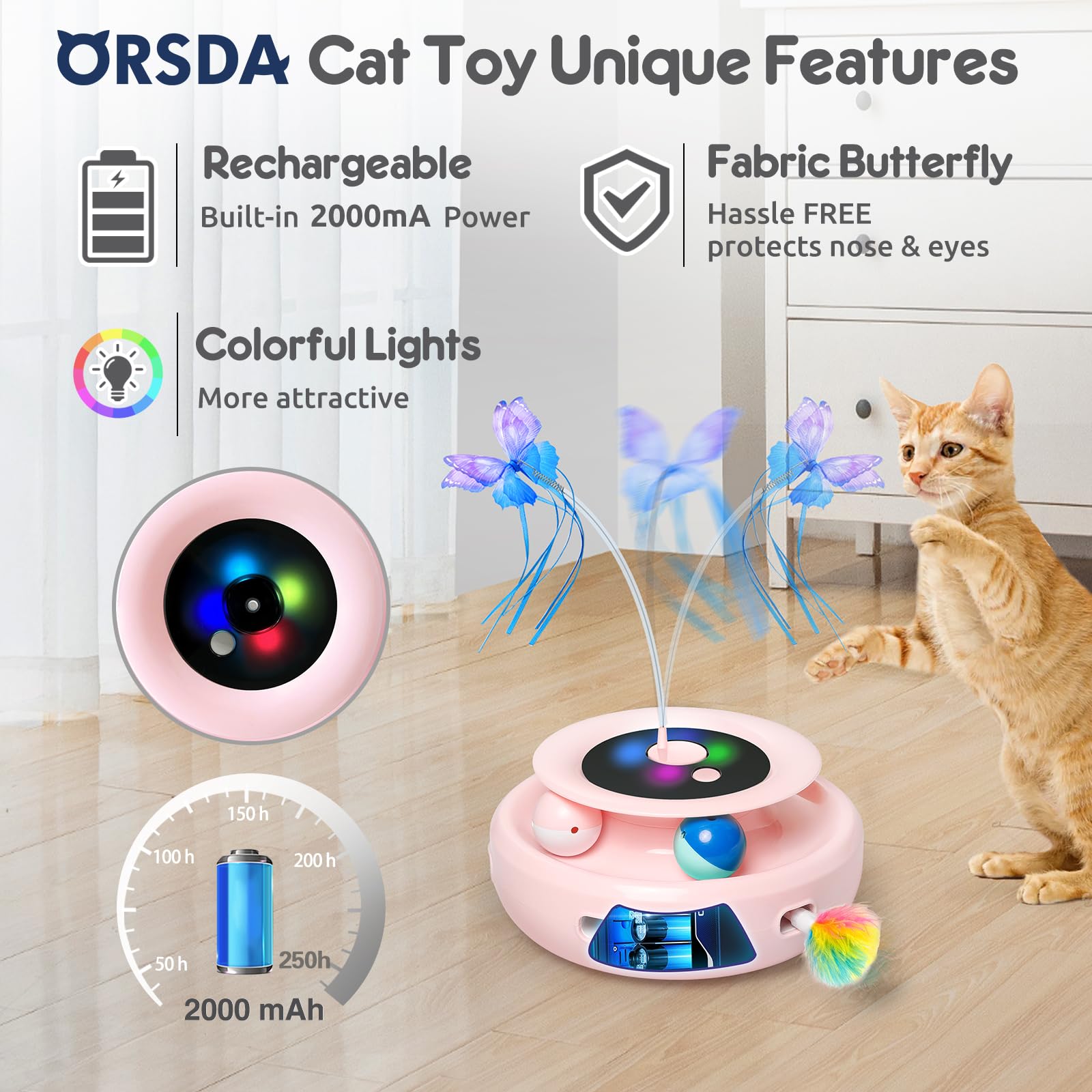 ORSDA cat toy fabric-butterfly detail offers soft, safe stimulation