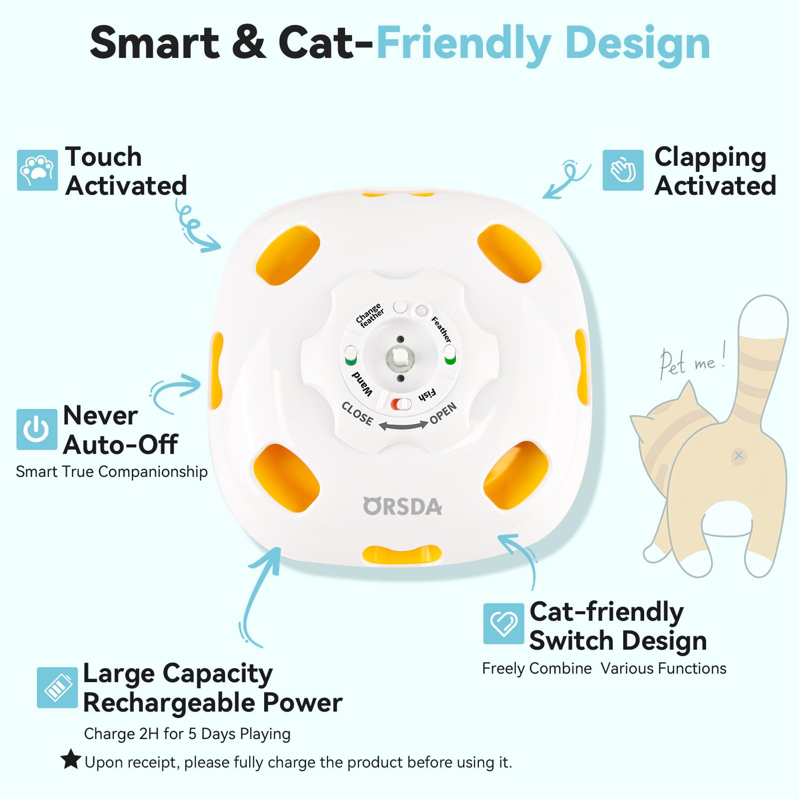 ORSDA cat toy USB rechargeable battery supports long playtime
