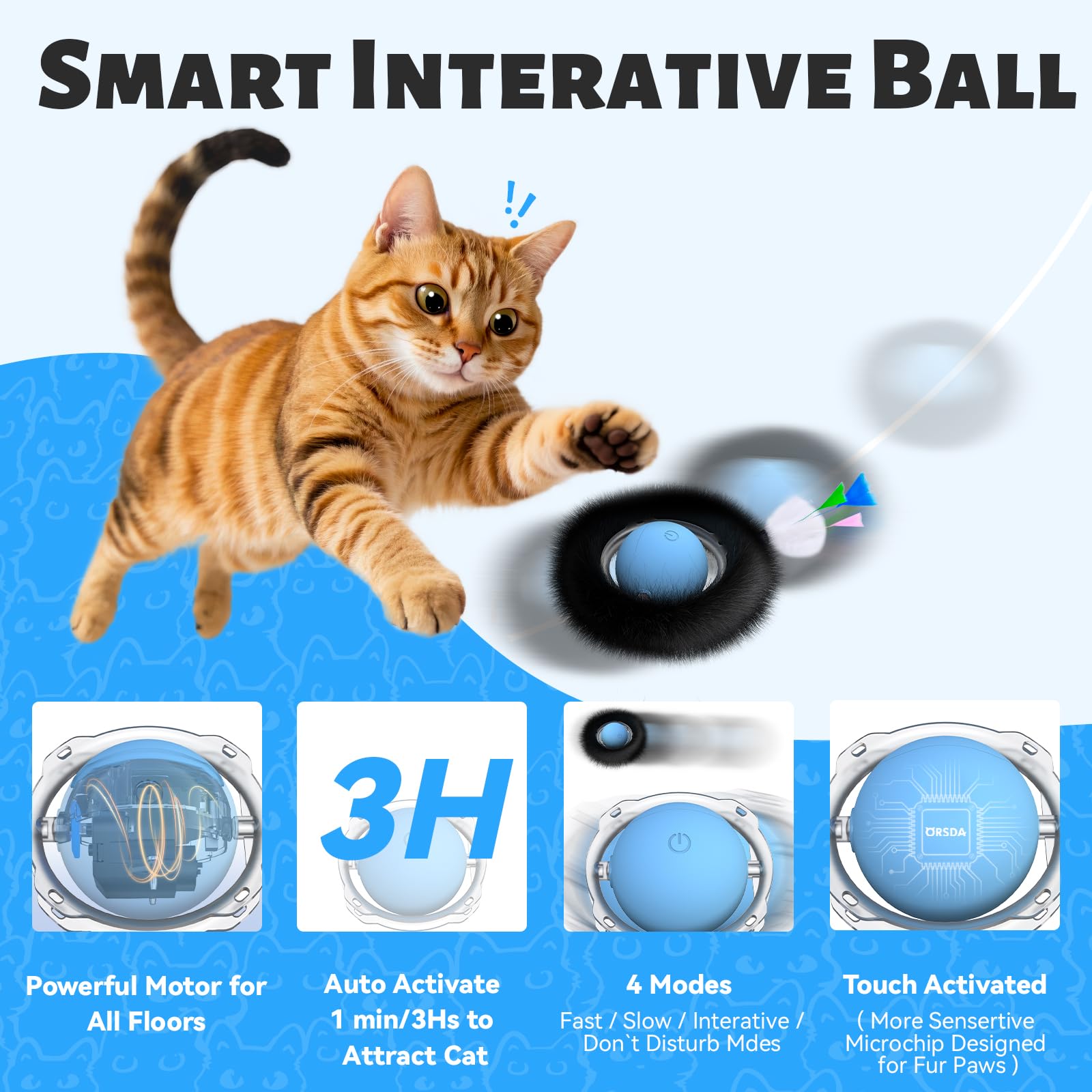 ORSDA touch-activated ball responds to paw touch for extended fun.