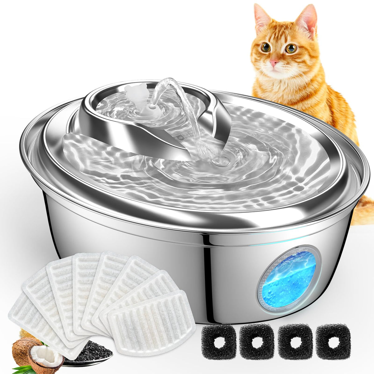 ORSDA cat water fountain 67oz front view in stainless steel for clean hydration
