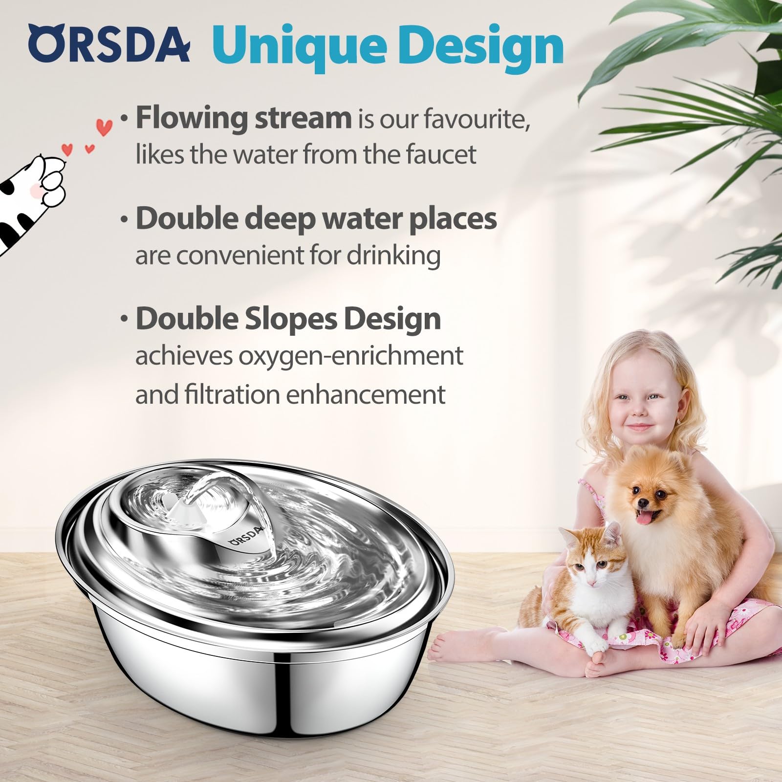 ORSDA fountain with dual spouts offers flexible drinking for pets