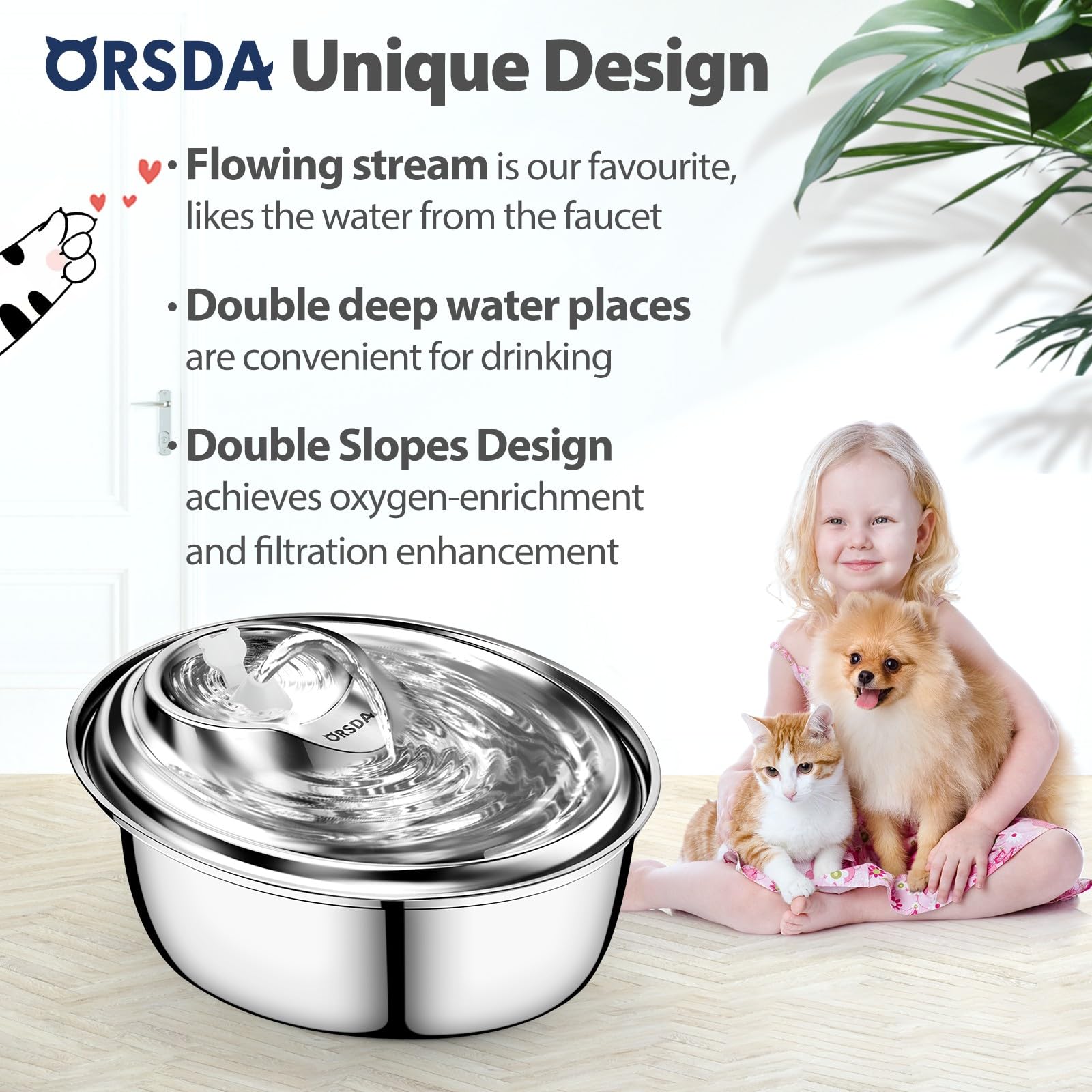 ORSDA stainless steel pet fountain with leak-proof lid prevents spills