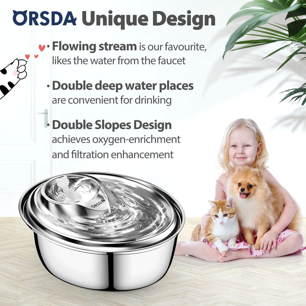 ORSDA stainless steel pet fountain with leak-proof lid prevents spills