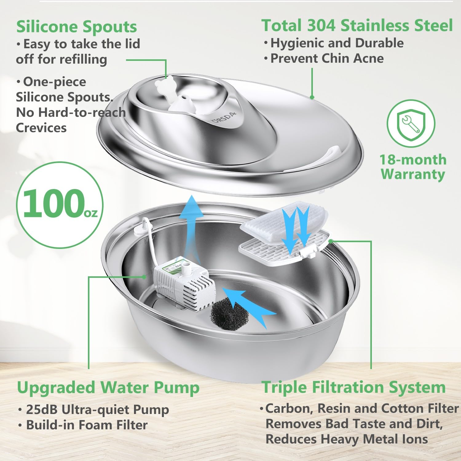 ORSDA ultra-quiet fountain softly bubbles to invite timid pets