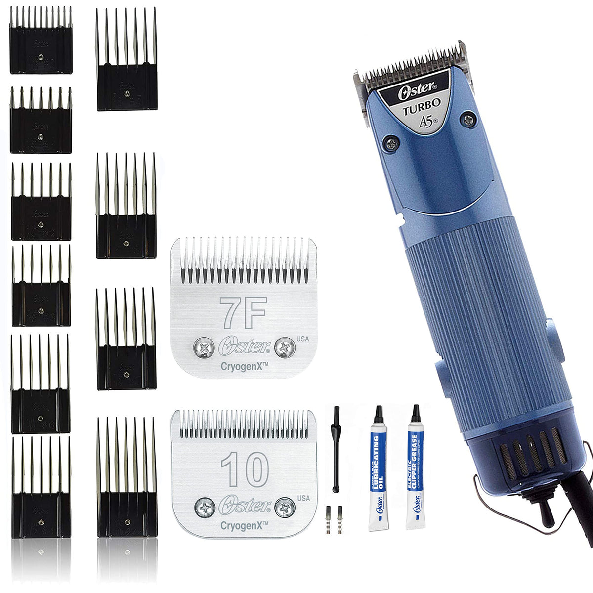 Oster A5 dual speed clipper with blade attachment for quick changes and smooth grooming.