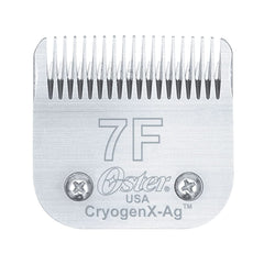 Oster CryogenX Size 7F blade close-up showing heat-treated toughness.