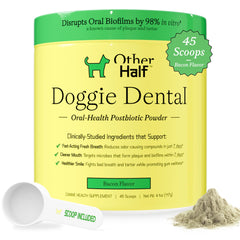 Other Half Doggie Dental Powder tub with bacon flavor for fresh breath.