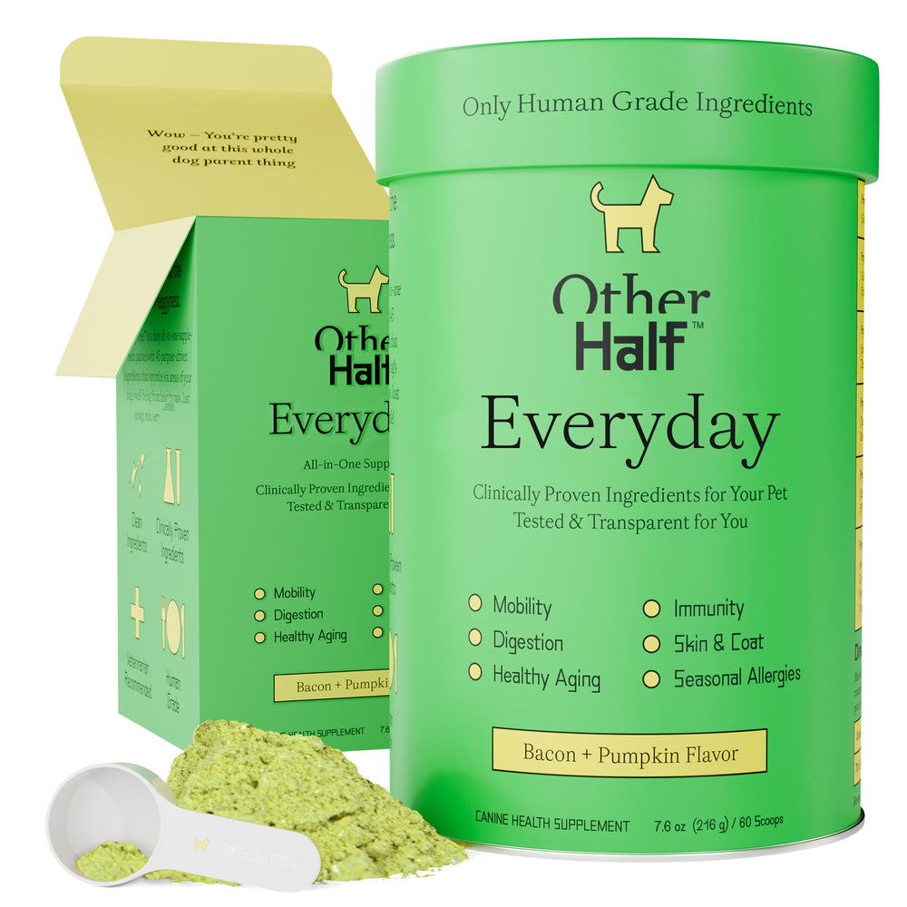 Other Half Everyday dog multivitamin bottle promotes daily canine wellness.