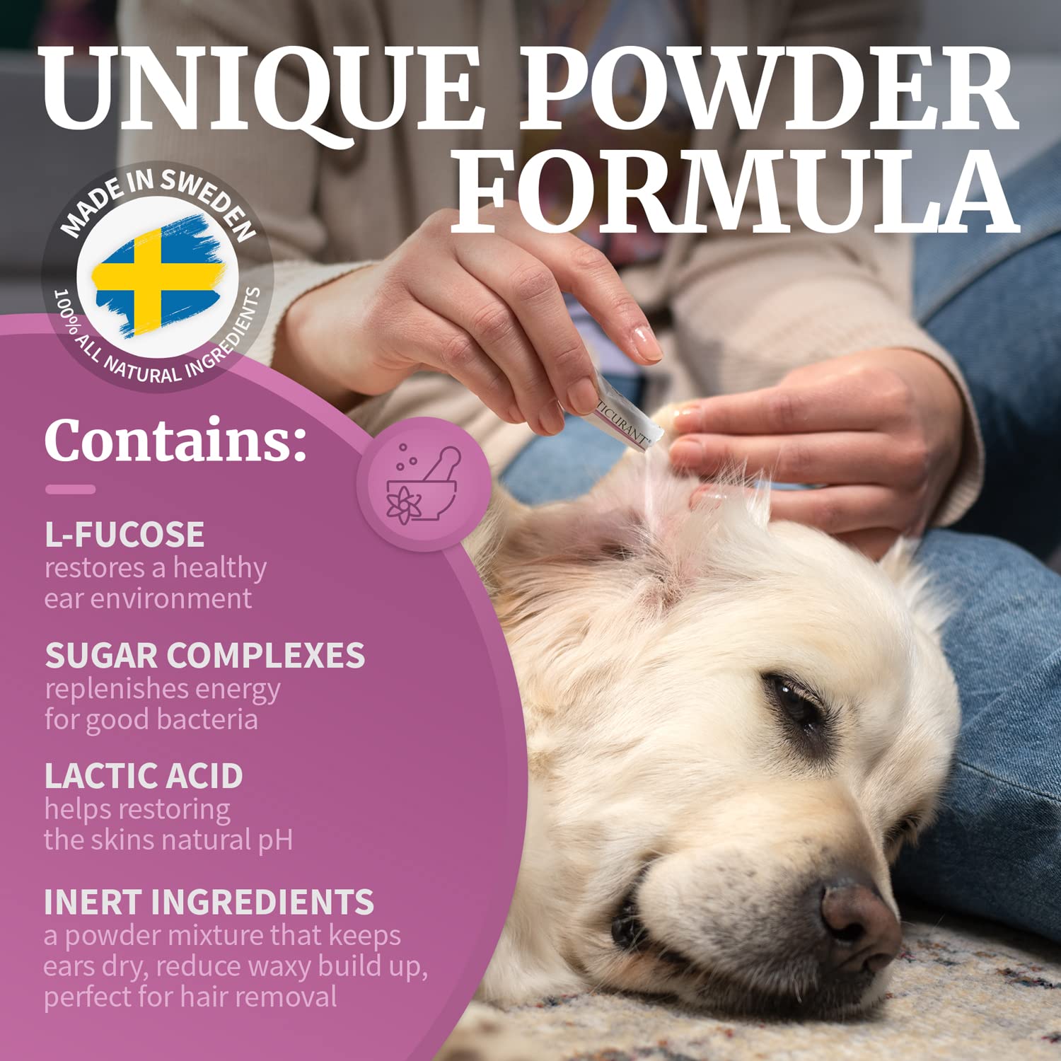 OTICURANT dog ear powder after use promotes cleaner ears and comfort.