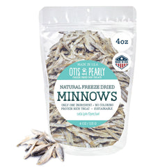 Otis and Pearly freeze-dried minnow treats bag showing convenient packaging for quick rewards