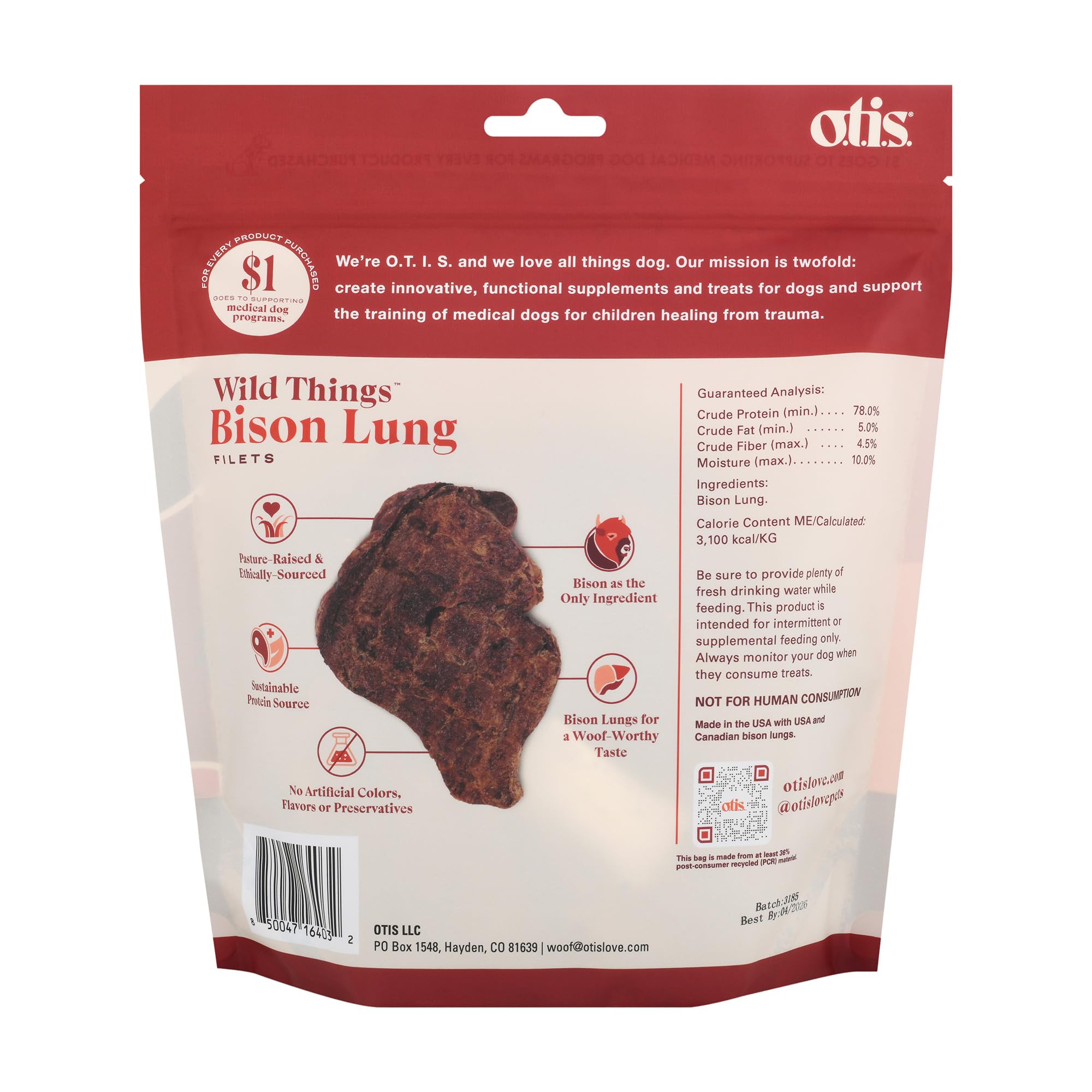 OTIS Wild Things Bison Lung Filets 4oz closeup texture, crunchy bits for easy portioning and training rewards