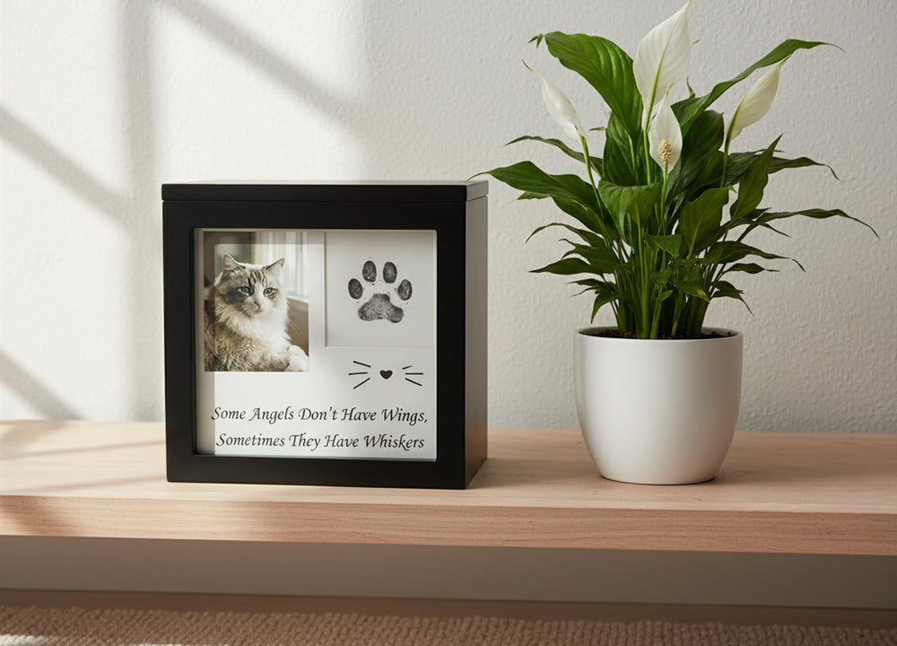 OtterPets cat urn collage-ready display with collar and paw print