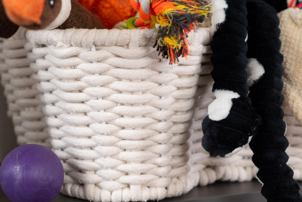 OtterPets dog toy storage basket keeps clutter contained and toys easy to reach.