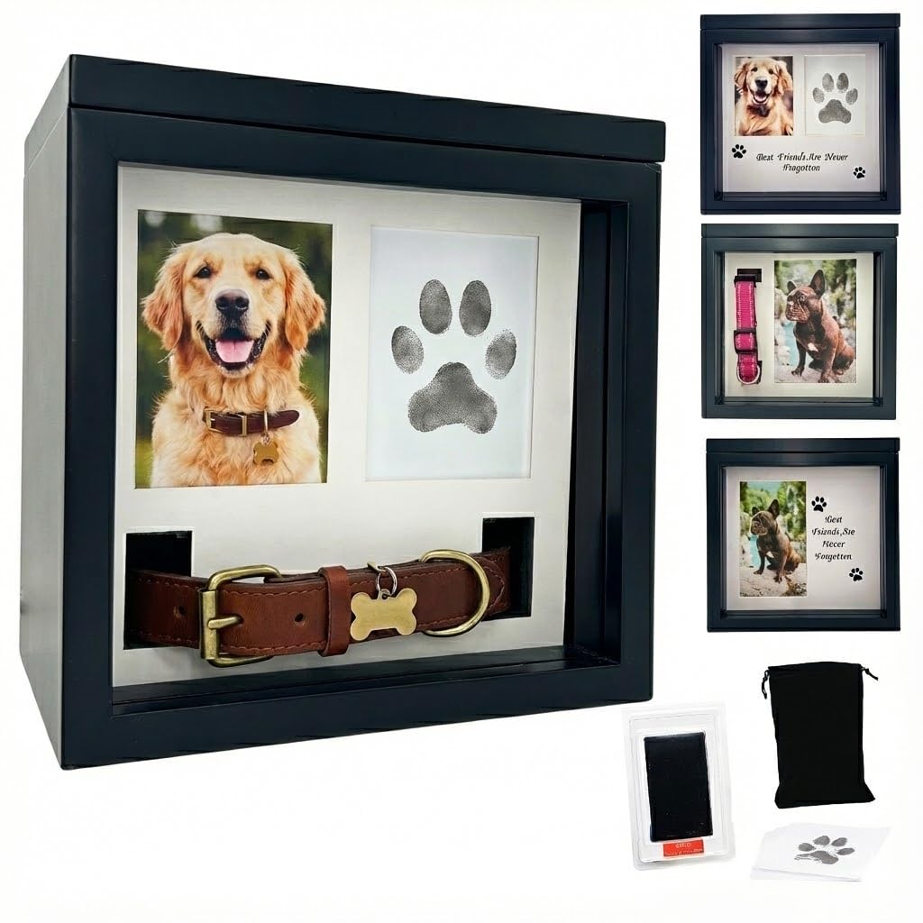 OtterPets dog urn with four displays showcasing a photo and keepsakes.
