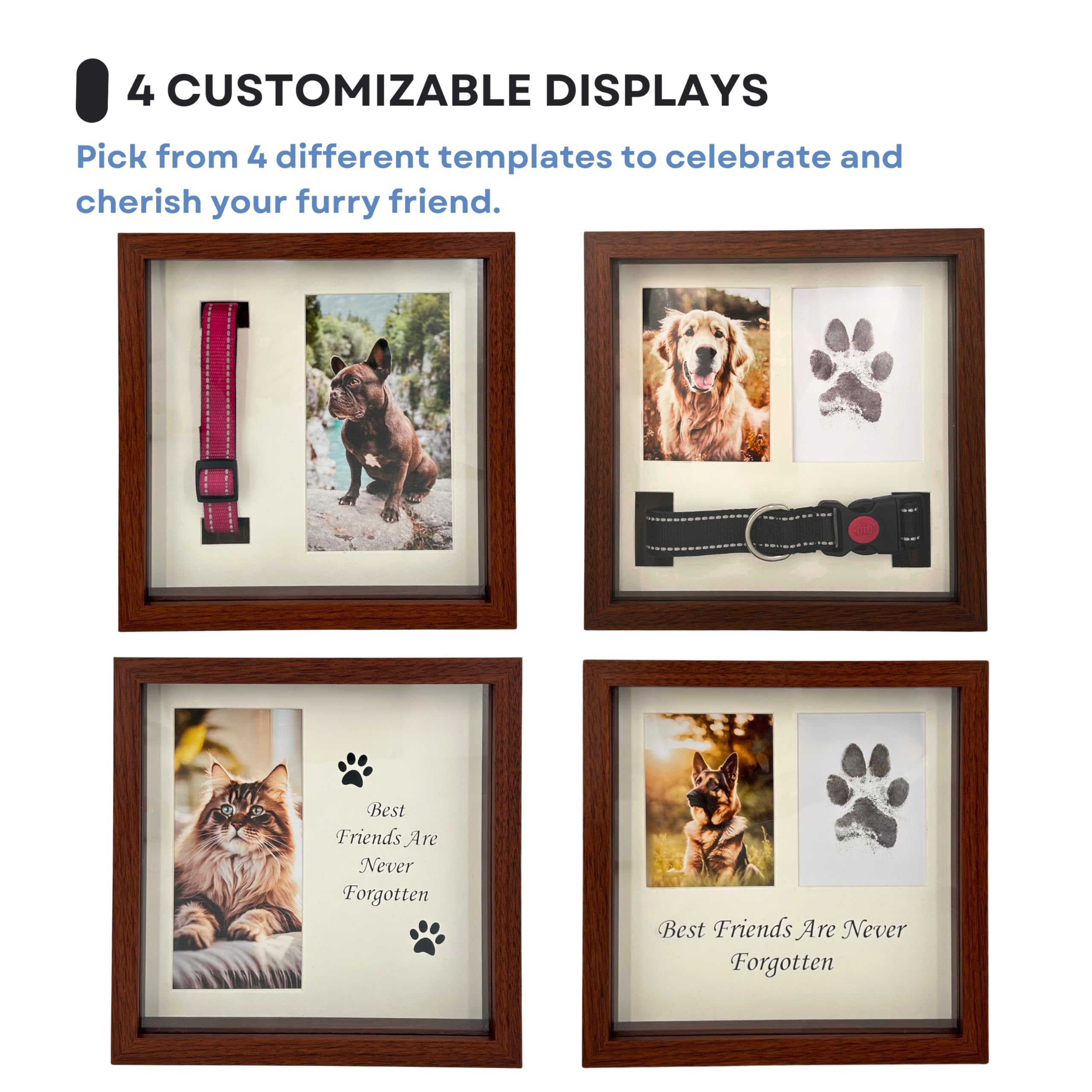 OtterPets memorial shadow box shows photo and paw or collar together.