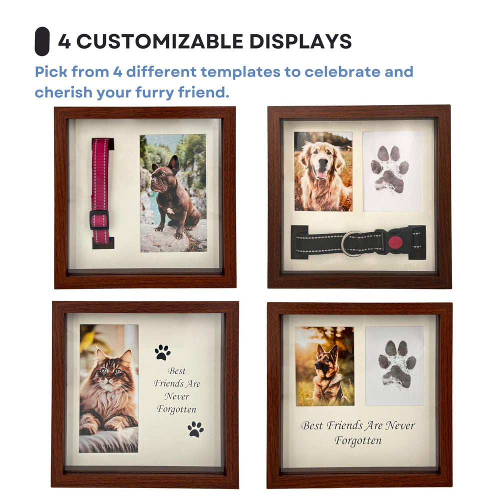 OtterPets memorial shadow box shows photo and paw or collar together.