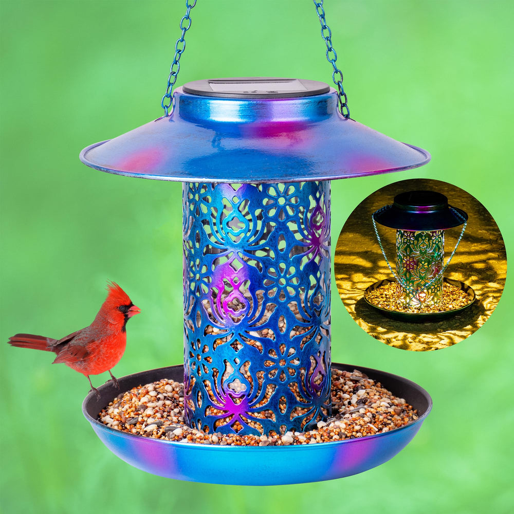 Ottsuls Solar Bird Feeder Lantern front view, blue finish, easy outdoor hanging.