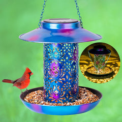 Ottsuls Solar Bird Feeder Lantern front view, blue finish, easy outdoor hanging.