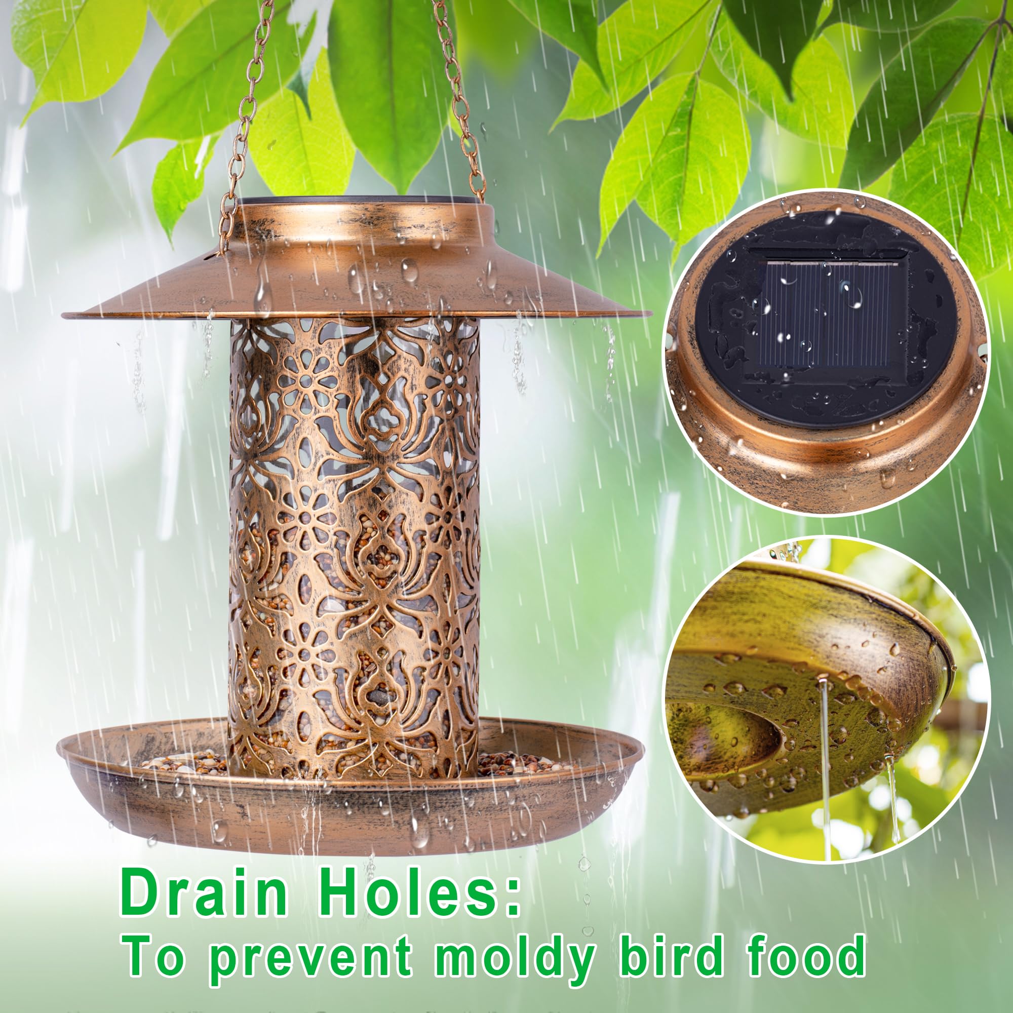 Ottsuls solar night light enhances outdoor ambiance while birds feed after dusk.