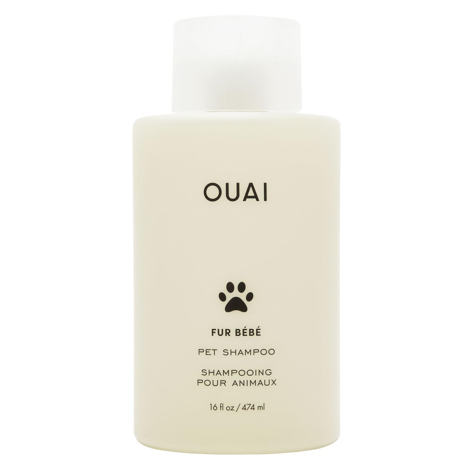OUAI Fur Bébé shampoo bottle pour showing easy, gentle cleansing for pets