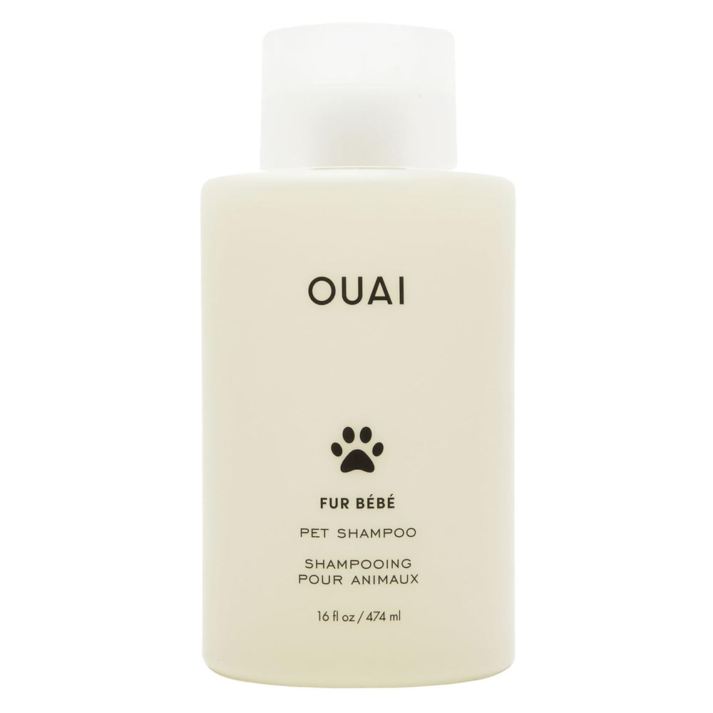 OUAI Fur Bébé shampoo bottle pour showing easy, gentle cleansing for pets