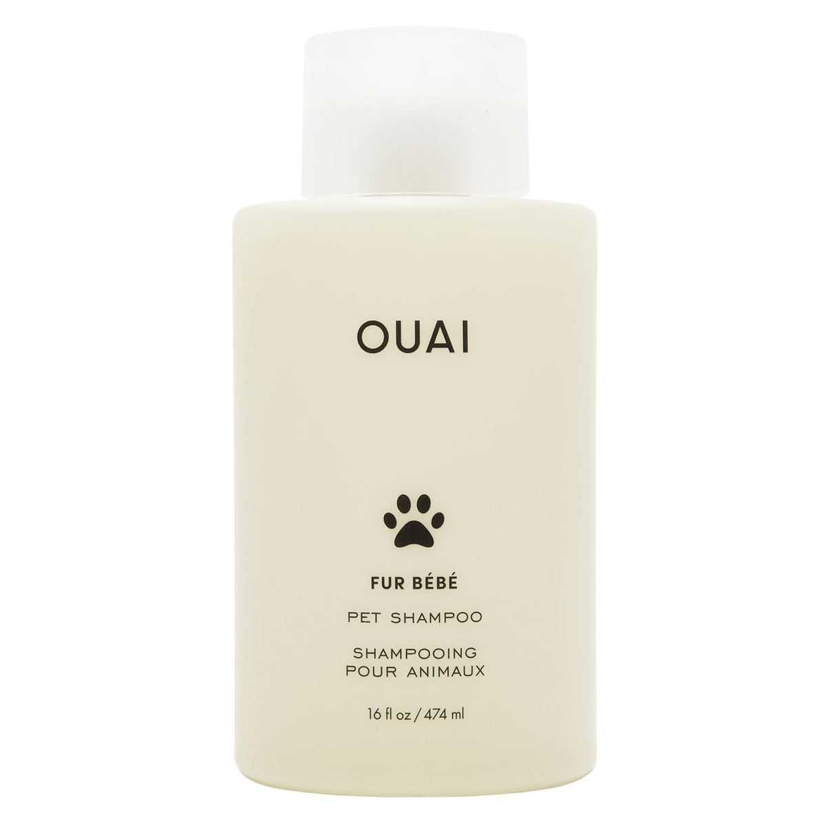 OUAI Fur Bébé shampoo bottle pour showing easy, gentle cleansing for pets
