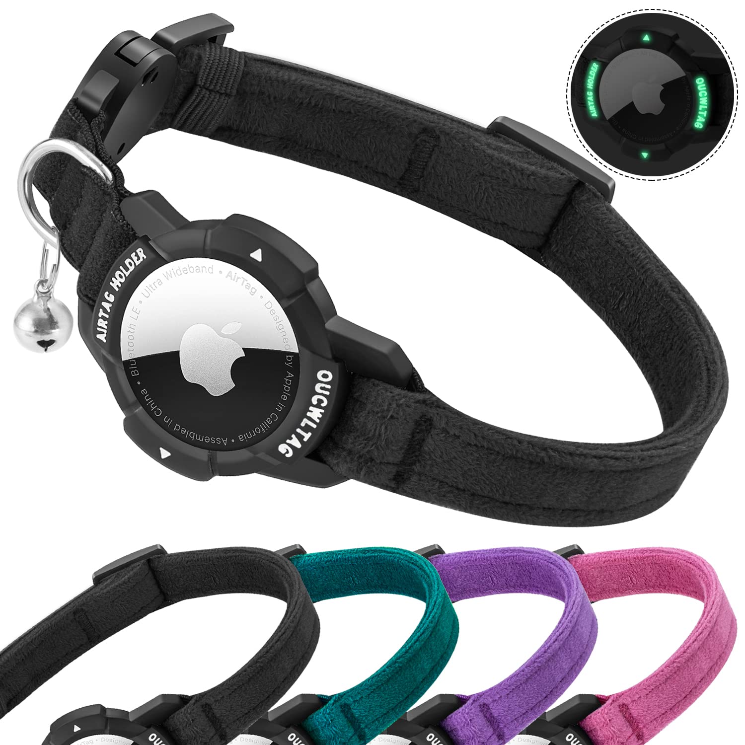 OUCWLTAG luminous AirTag cat collar closeup showing integrated holder for secure tracking